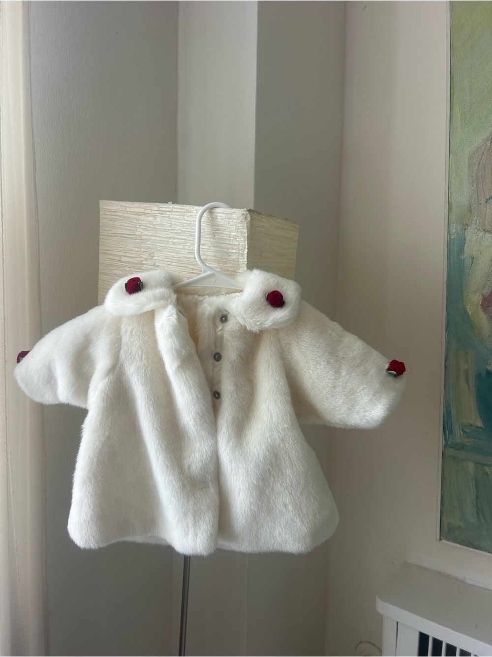 CHILDRENS PLACE White Faux Fur Baby Coat with Red Pom Details
